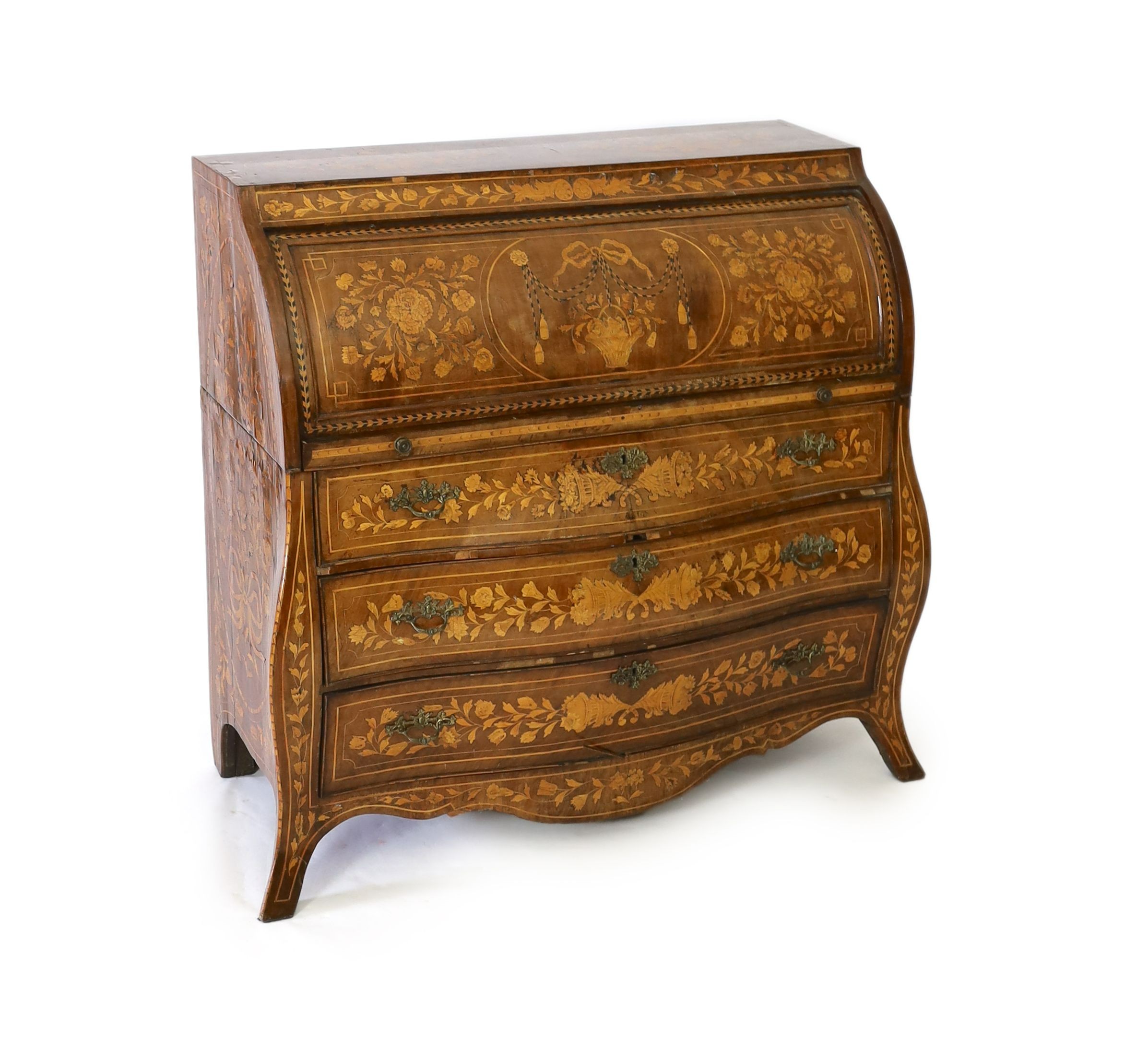 An early 19th century Dutch walnut and floral marquetry bombe cylinder bureau, W.133cm D.58cm H.122cm